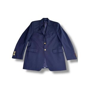 Chaps Ralph Lauren Mens Navy Blue Wool Blazer Gold Crest Buttons 2-Button Jacket